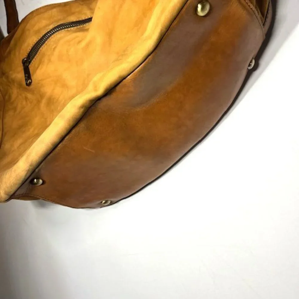 Patricia Nash Distressed Cognac Brown‎ Leather Tassel Bucket Tote Bag